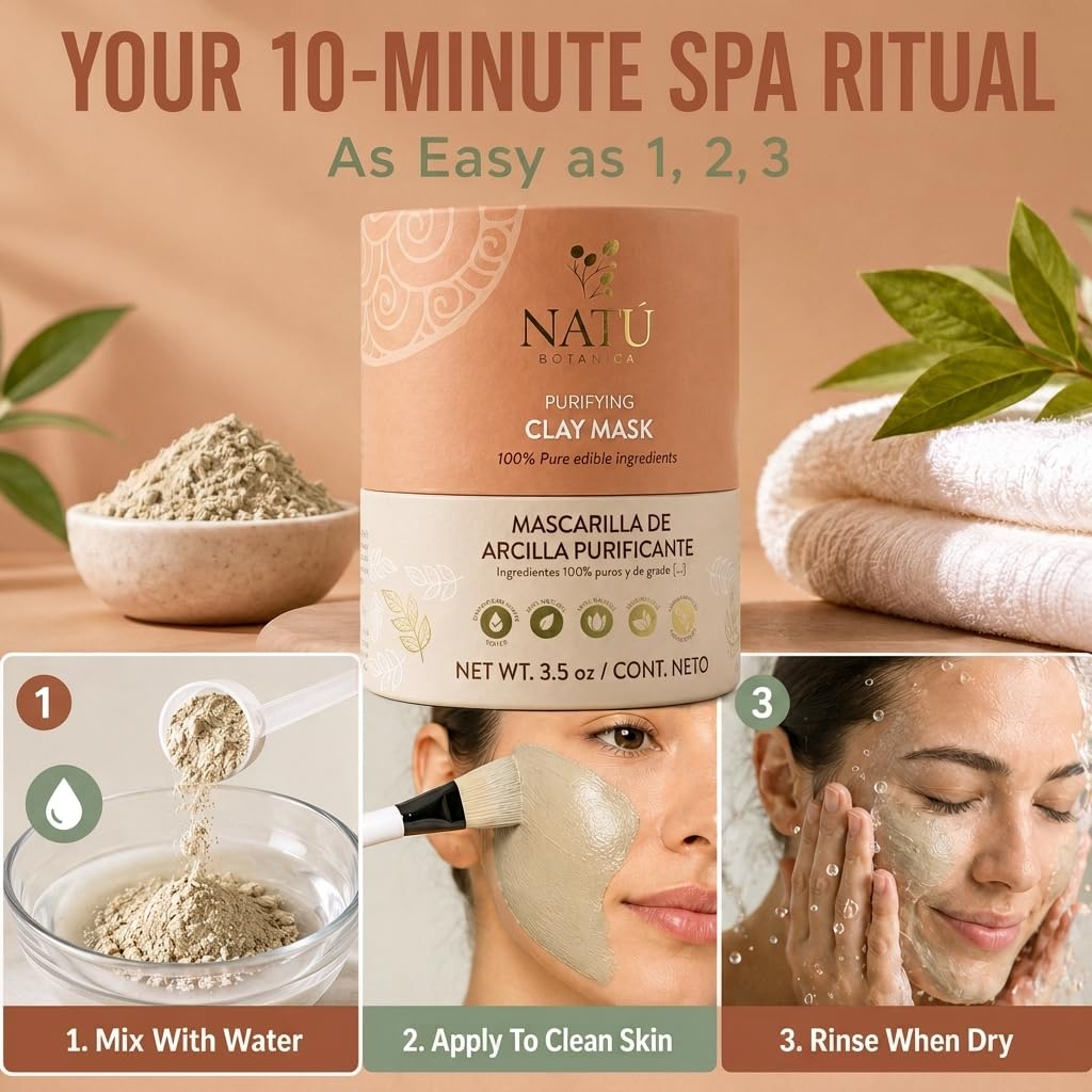 NATÚ BOTANICALS Purifying Bentonite Clay Powder Mask for Face – Deep Pore Cleansing, Oil Control, Helps Tighten, Clarify & Skin Refining Hydrating for Oily, Combination & Sensitive Skin