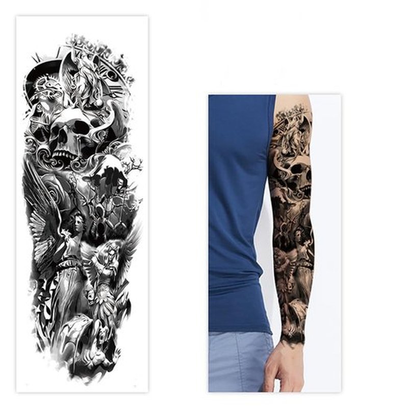 Halloween Temporary Tattoos 4-Sheet Skull Full Sleeve Tattoos and 4-Sheet Fake Skull Half Arm Tattoo Stickers