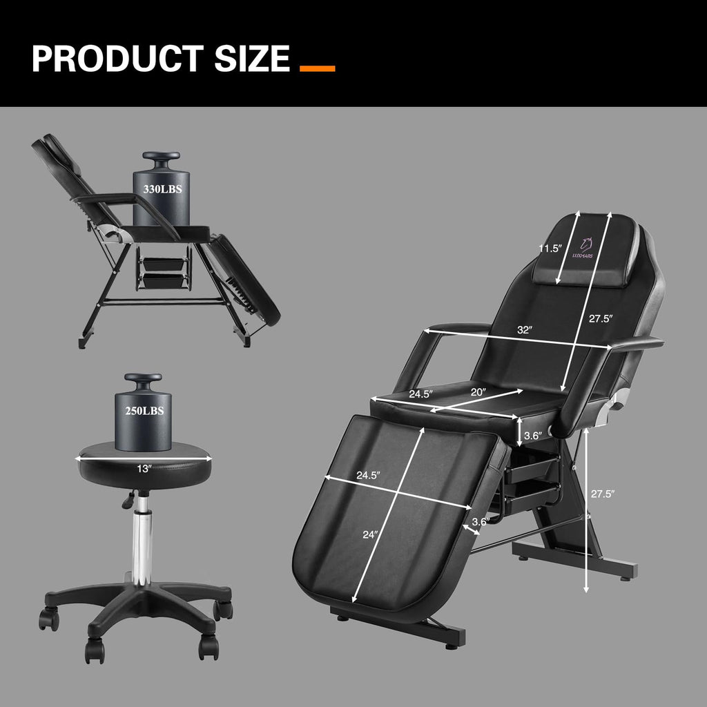LUXMARS Facial Chair,73″ Tattoo Chair for Client,3-Section Adjustable Massage Table with Stool,Multipurpose Beauty Beds Salon Equipment for Esthetician,Tattooshop,Spa (Black)