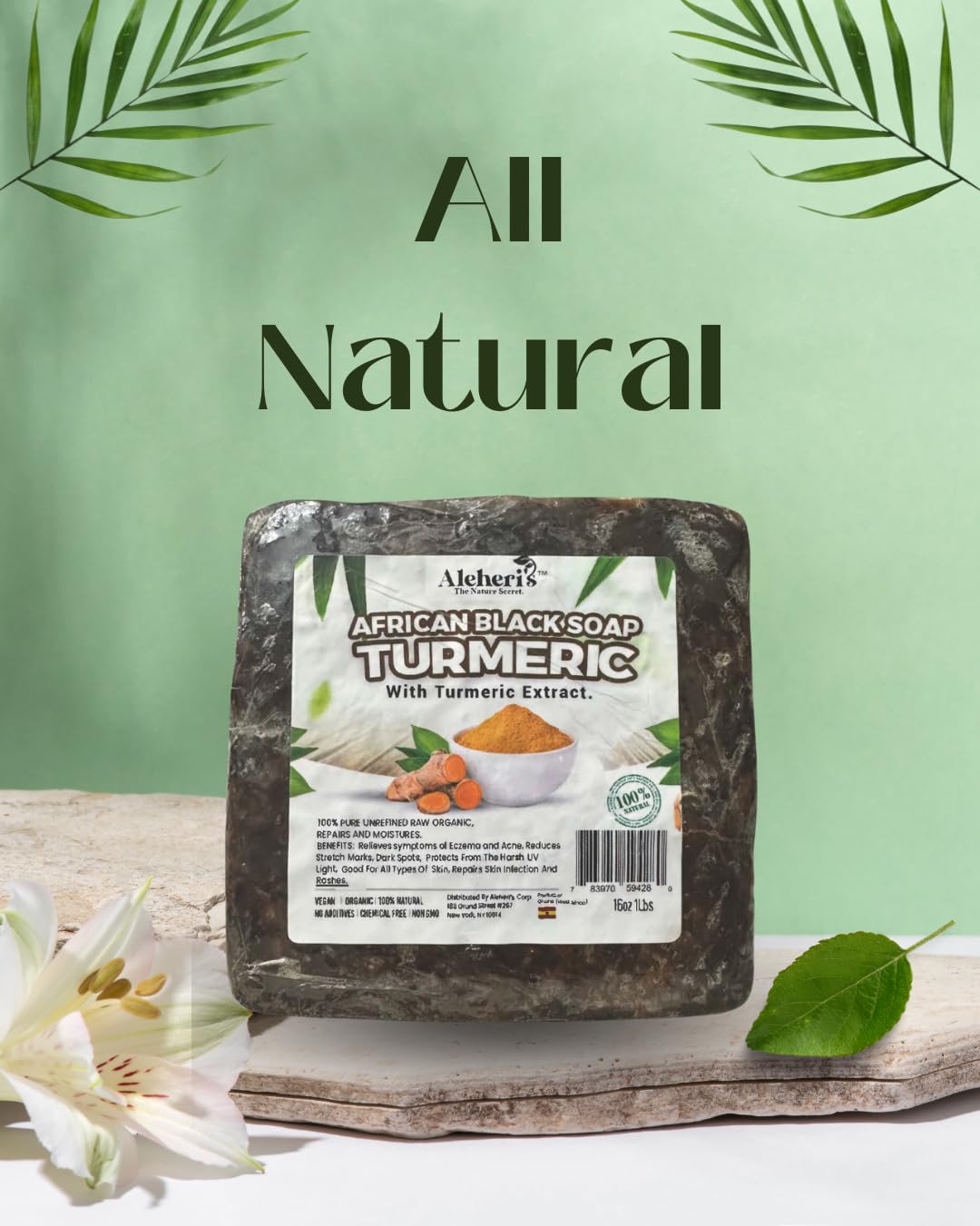 Aleheri's African Black Soap with Turmeric 16 oz - Raw African Black Soap from Ghana, Handmade Natural Face & Body Cleanser with Shea Butter, Deep Cleansing Soap for All Skin Types