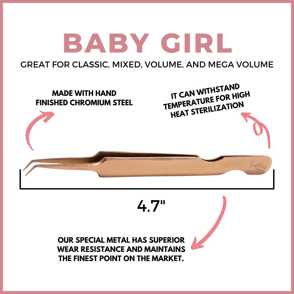 LivBay Lash - Baby Girl Eyelash Stainless Steel Tweezer for Lash Extensions | Curved Tip | False Lash Applicator Tool (Professional Use Only)