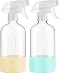 Skiennix Glass Spray Bottles - 16 oz Reusable with Silicone Sleeve & Adjustable Nozzle - 2 Pack in Pale Yellow & Mint Green