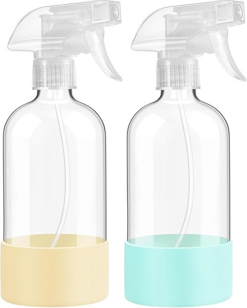 Skiennix Glass Spray Bottles - 16 oz Reusable with Silicone Sleeve & Adjustable Nozzle - 2 Pack in Pale Yellow & Mint Green