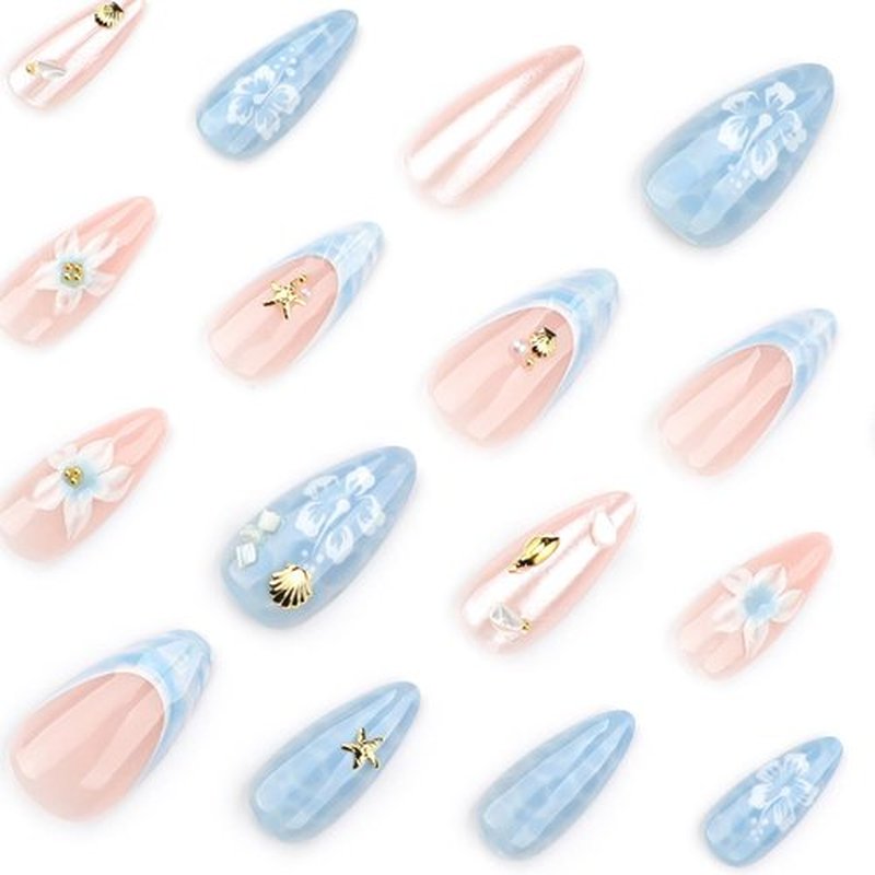3D Sea Waves Press on Nails Glossy Blue Gradient Stick on Nail French Tips Medium Almond False Nail 24Pcs Flower Gel Glue on Fingernails Acrylic Full Cover Fake Nails for Holiday Manicure Art