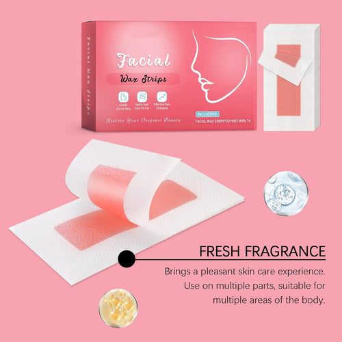24 Pcs Facial Wax Strips, Facial Hair Removal for Women, Waxing Strips for Face Eyebrow Upper Lip Cheek Hair Remover, Quick & Painless At Home Waxing Kit for All Skin Types with 4 Pcs Wax Wipes
