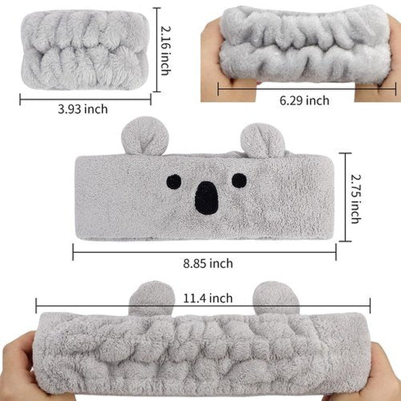 AHONEY Face Wash Headband and Wristband Set, Cute Makeup Spa Skincare Headbands Wrist Bands for Washing Face Headband for Women Girls Elastic Animal Hair Band (White&Grey)