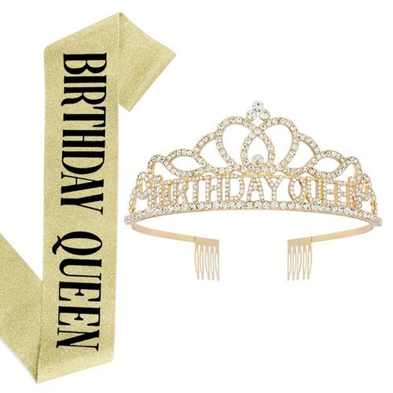 AOPRIE Birthday Queen Sash Crown for Women Tiara for Girl Headband Princess Crown Rhinestone Happy Birthday Accessories Gold
