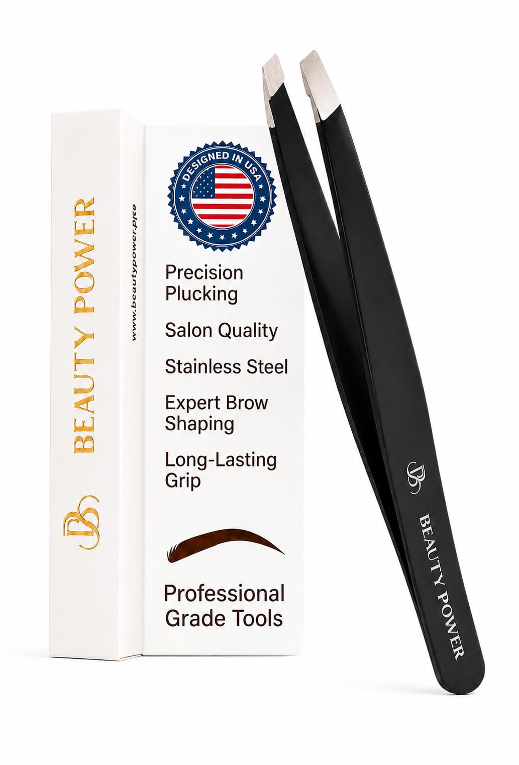 Beauty Power Professional Precision Slant Tweezers for Women Facial Hair - Tweezers for Men & Women, Eyebrow Tweezer for Ingrown Hair Blackhead & Splinter Removal - Gift Idea - Black