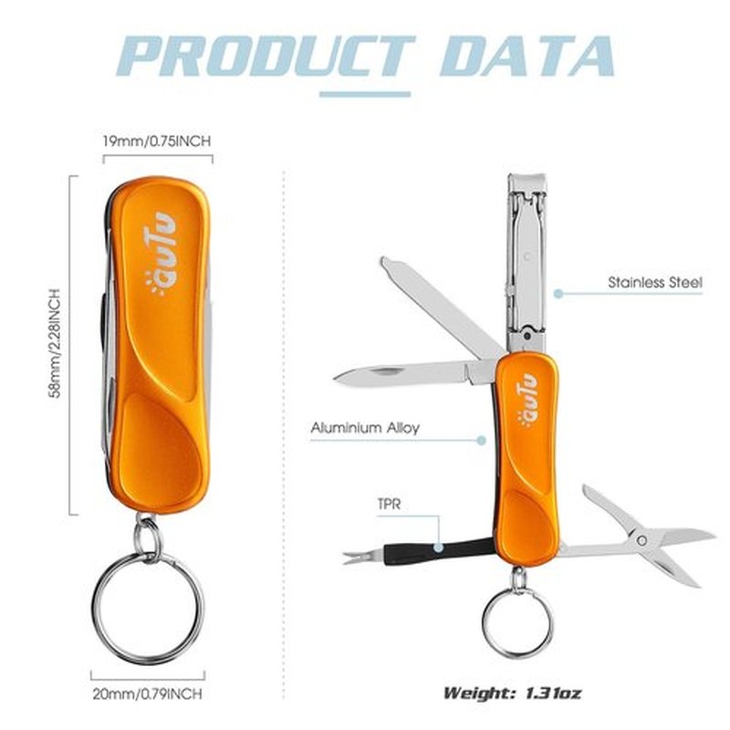 OUTU Keychain Nail Clippers Multitool, 7 in 1 EDC Utility Tool with Nail Clipper, Scissors, Gifts for Him Men Husband Dad Boyfriend (Orange)