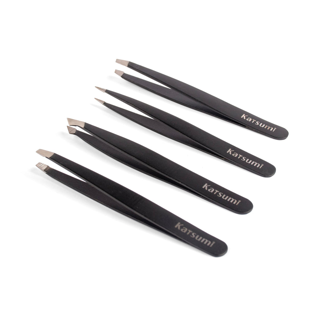 Katsumi Pinnacle 4-Piece Tweezers Set – Precision Stainless Steel Tweezers for Eyebrows, Facial Hair, Ingrown Hair, Splinters, Hair removal Tweezer for Men & Women, Professional Tweezer Kit (Black)
