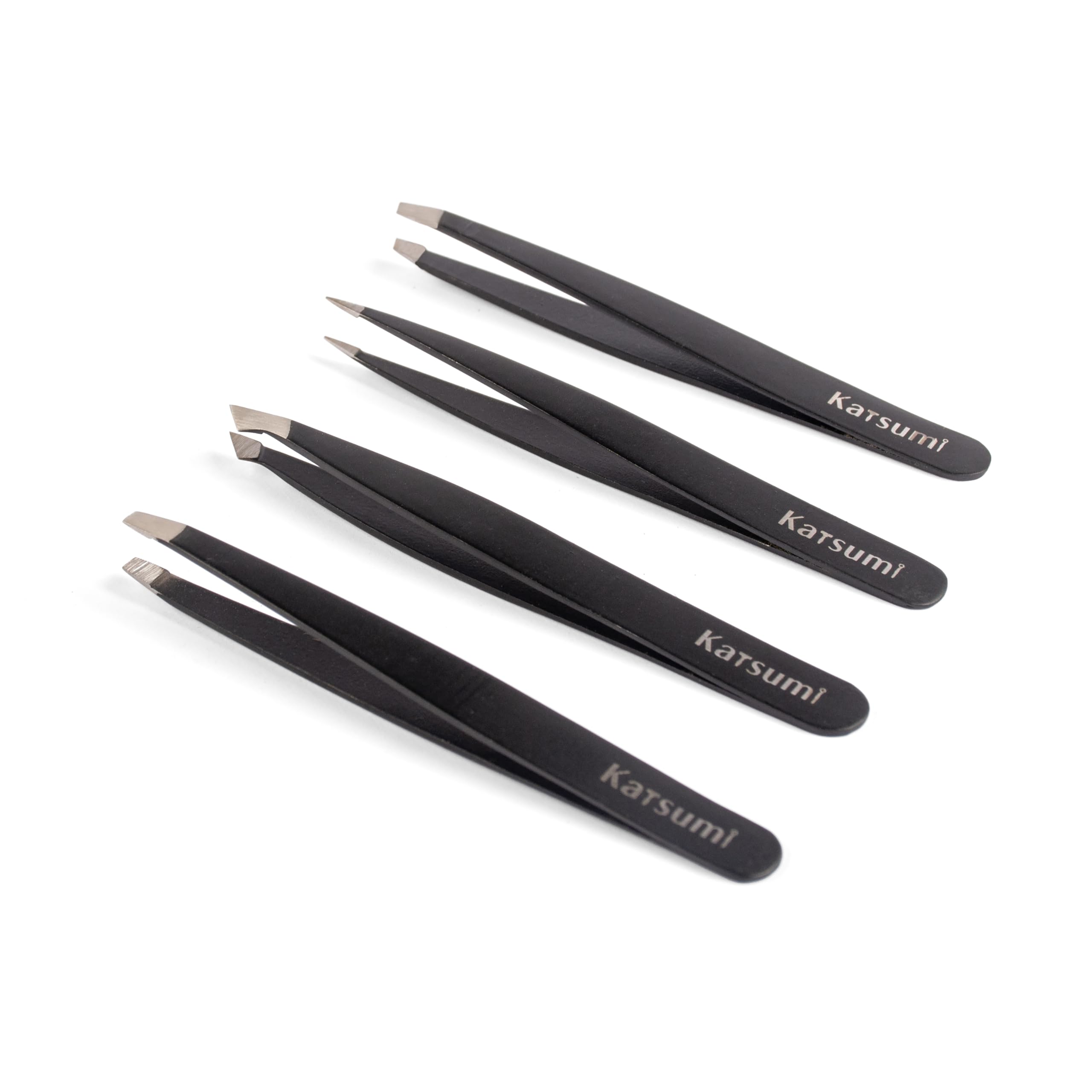 Katsumi Pinnacle 4-Piece Tweezers Set – Precision Stainless Steel Tweezers for Eyebrows, Facial Hair, Ingrown Hair, Splinters, Hair removal Tweezer for Men & Women, Professional Tweezer Kit (Black)
