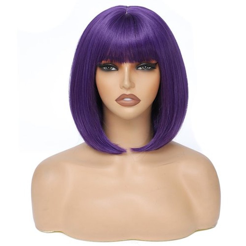 BEAUTIFA Dark Purple Bob Wig with Bangs for Women 12 Inch Short Straight Bob Purple Wigs Synthetic Colorful Wigs