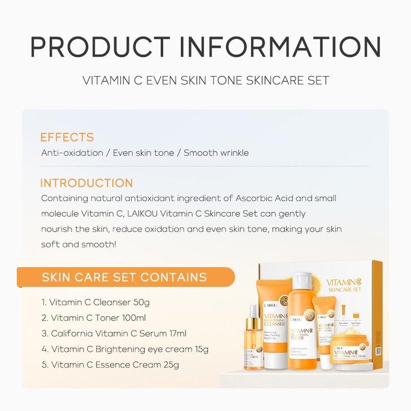 Vitamin C Skincare Set, Moisturizing Face Skin Care Kit with Facial Cleanser, Face Serum, Face Cream, Eye Cream, Toner For Hydrating Skin, Anti-Aging Skin