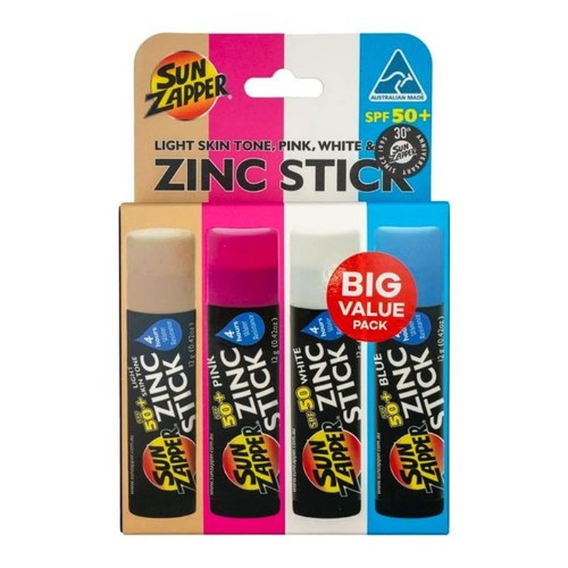 Sun Zapper Zinc Sunscreen Stick Beach 4-Pack SPF 50+ – Mineral Sunscreen Sticks for Face, Water Resistant Zinc Sunblock for Kids and Family, Travel Size 12g (0.42 oz), Australian Made