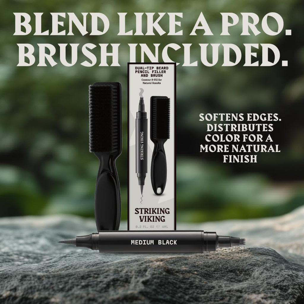 Striking Viking Beard Pencil Filler For Men - Medium Black, 1 Pen 1 Brush - Temporary Beard Dye - Waterproof Sweatproof Long Wear Beard Pen for Touchups & Gap Contouring - Enhances Facial Hair
