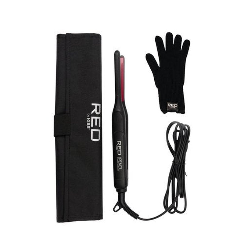 Red by Kiss Pencil Flat Iron up to 450°F Thin Small Tourmaline Ceramic Plate 0.3 inch (3/10") for Women and Men, Short to Medium Hair, Pixie Cut, Bangs, Edges.. A Travel Pouch and a Glove Included
