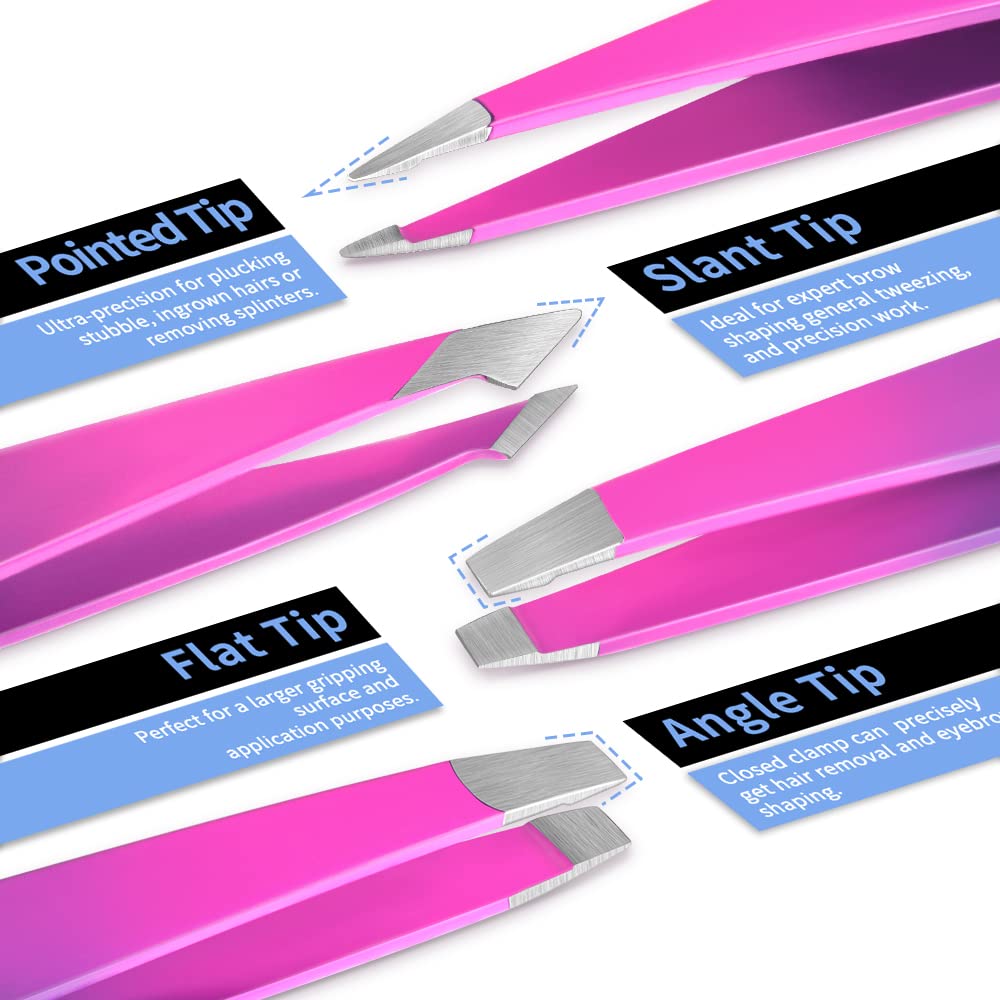 Eyebrow Tweezer Set, TsMADDTs 6 pcs Tweezers Set for Women with Curved Scissor for Ingrown Hair, Hair Plucking Daily Beauty Tools (Pink&Purple)
