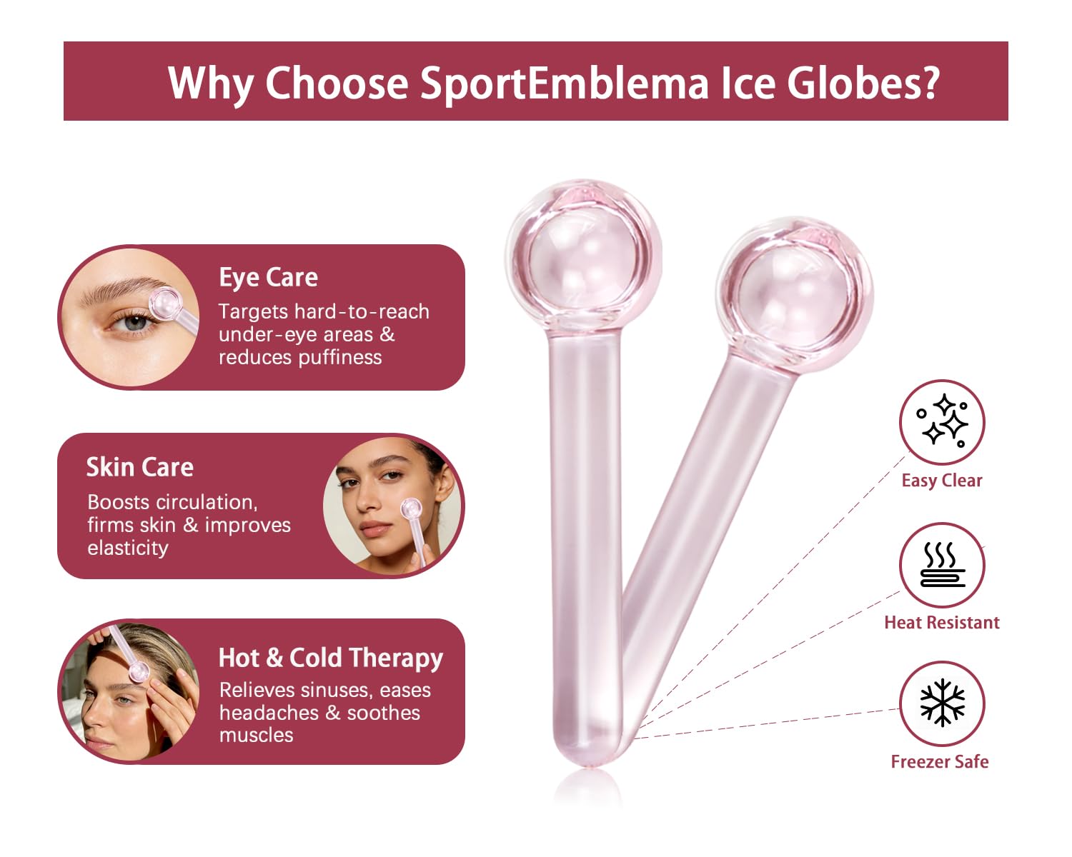 SportEmblema Ice Globes for Face & Eyes,Facials Cold Roller Cooling Globes for Skin Tightening & Anti-Aging Reusable Ice Facial Roller for Reduction of Puffiness & Wrinkles Dark Circles,Headaches-Pink