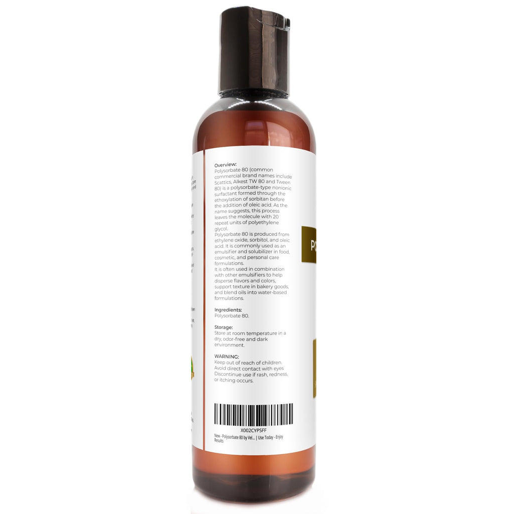Polysorbate 80 by Velona - 4 Fl Oz | Solubilizer, Food & Cosmetic Grade | All Natural for Cooking, Skin Care and Bath Bombs, Sprays, Foam Maker | Use Today - Enjoy Results