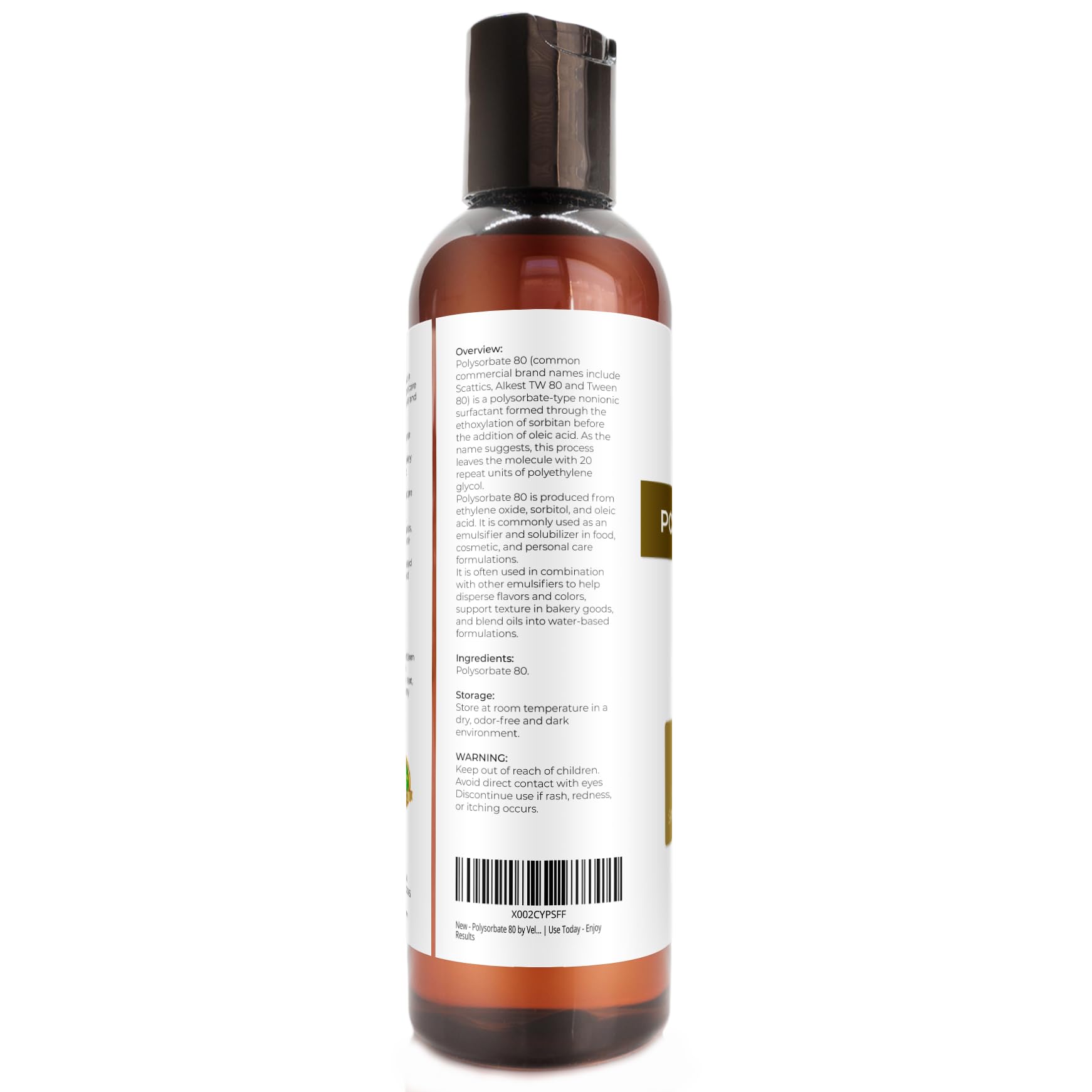 Polysorbate 80 by Velona - 4 Fl Oz | Solubilizer, Food & Cosmetic Grade | All Natural for Cooking, Skin Care and Bath Bombs, Sprays, Foam Maker | Use Today - Enjoy Results