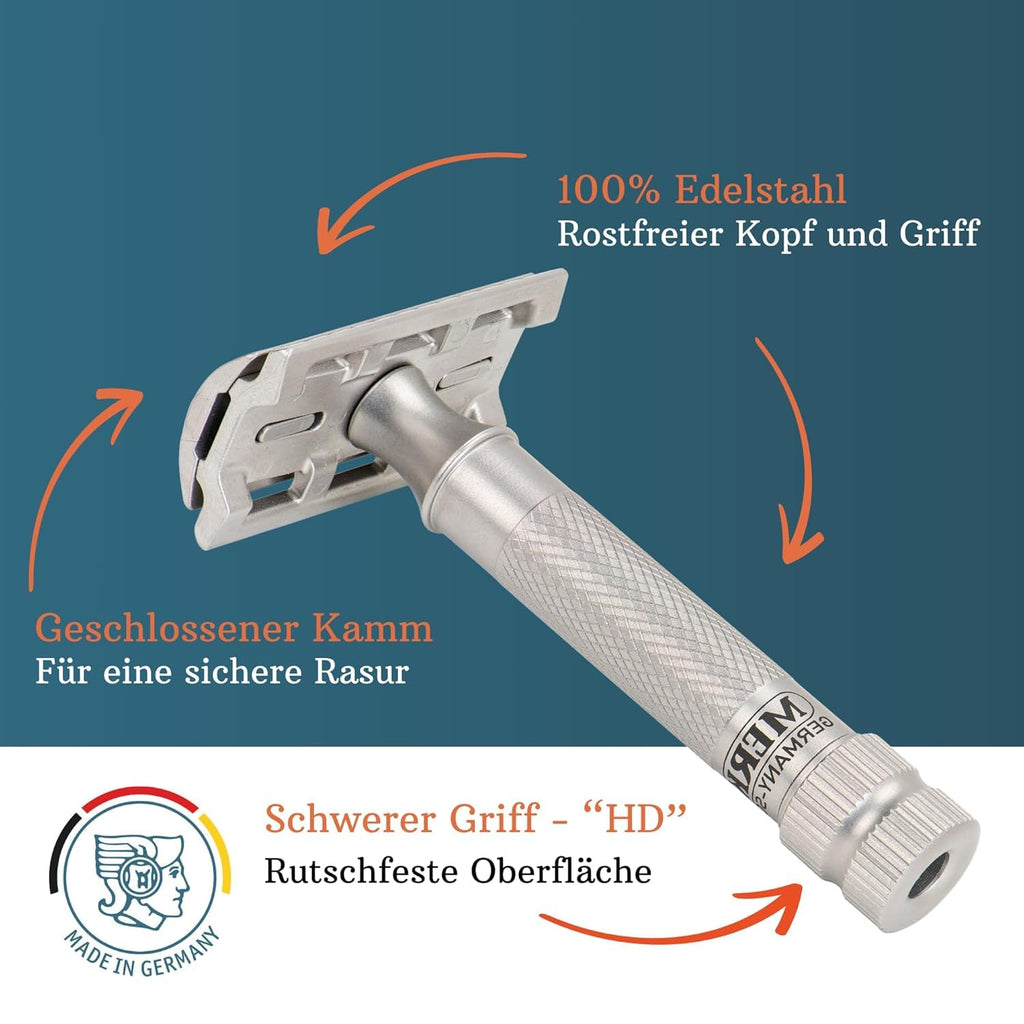 MERKUR Stainless Steel Safety Razor Set 34 INOX | Includes Premium Safety Razor, Leather Case and 10 Platinum Blades | Satin Matt | Closed Comb | Ideal for Wet Shaving | Made in Germany