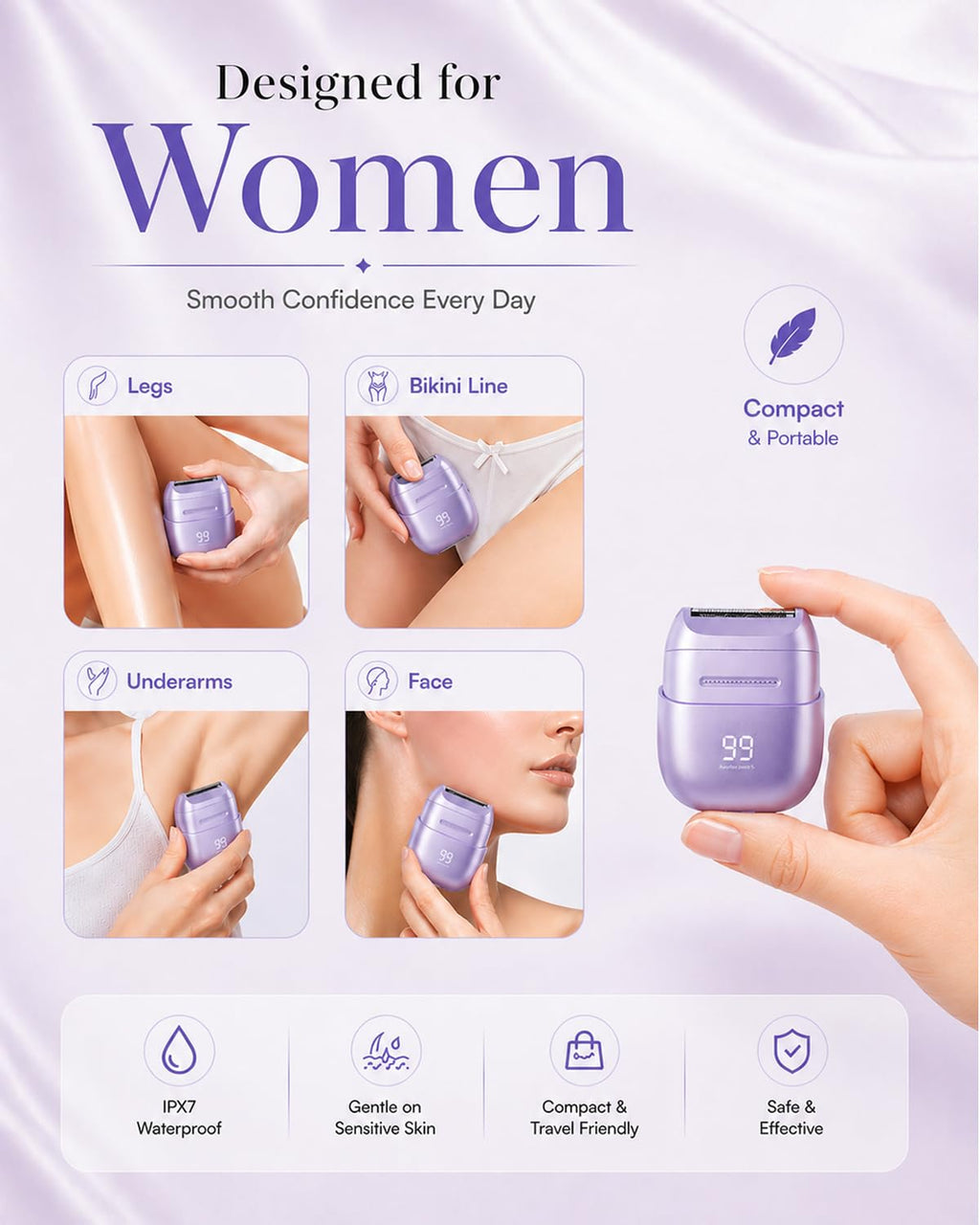 Bikini Trimmer for Women - Painless 3-in-1 Cordless Shaver & Pubic Hair Groomer, IPX7 Waterproof, USB Rechargeable, Compact, Portable & Gentle Body Hair Remover for Smooth Skin