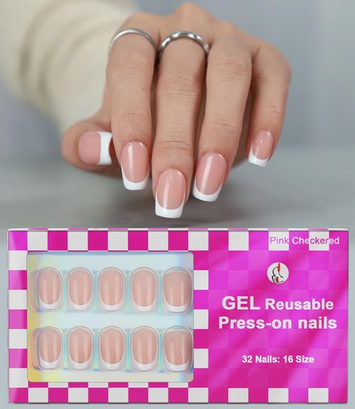 LY LANYOS Press On Nails Short, Short Fake Nails, Square Glue on Nails, Reusable Stick on nails with Nail Glue in 16 Sizes, 32 Pcs, White French