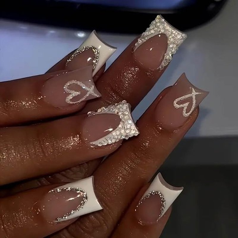 Short Press on Nails Square,Short Length Fake Nails White French Tips False Nails with Rhinestones Designs Acrylic Nails Press on Glossy Glue on Nail for Christmas/Valentine'S Day/Women 24Pcs