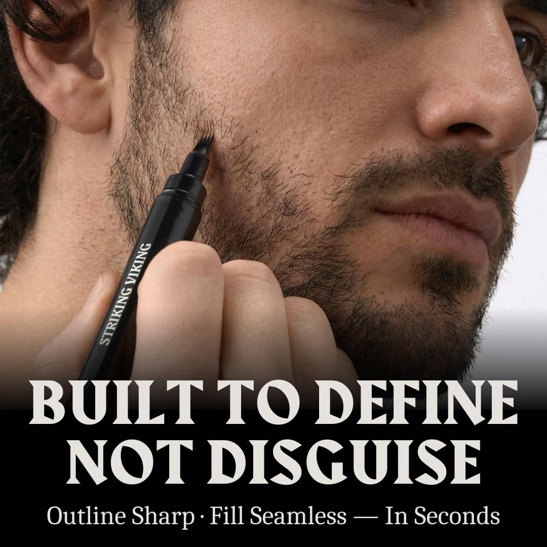 Striking Viking Beard Filler For Men - Medium Black, 2 Pens Pack - Temporary Beard Dye - Waterproof Sweatproof Long Wear Beard Pencil for Touchups & Gap Contouring - Enhances Facial Hair