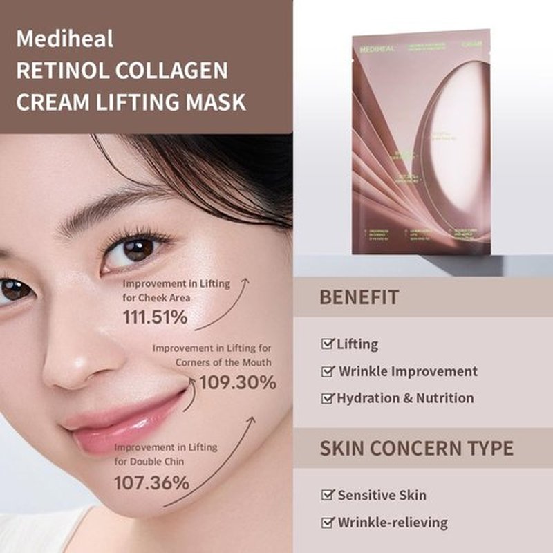 Mediheal Retinol Collagen Cream Lifting Mask | Anti-Aging V-Line Treatment (10 Counts) - Reduces Fine Lines & Wrinkles