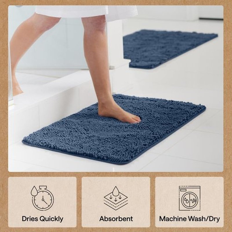 GORILLA GRIP Bath Rug Mat - Soft Absorbent Chenille | Quick-Dry Microfiber, 42x24, Navy Blue
