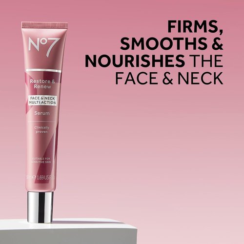 No7 Restore & Renew Multi Action Serum - Anti-Aging Face & Neck Serum with Collagen Peptides & Hyaluronic Acid (1.69 Oz)