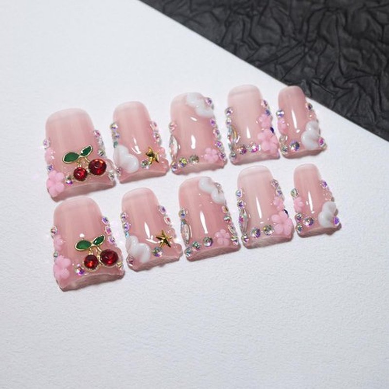 10Pcs Duck-shaped Handmade Press On Nails | French Style with 3D Floral & Rhinestone Decor | Easy to Apply, Remove & Reusable, Salon - Quality (25103S, S)