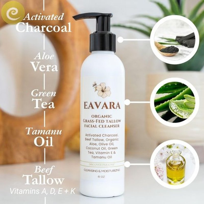 Eavara Beef Tallow Face Wash – Natural and Hydrating with Activated Charcoal, Aloe, Hyaluronic Acid, and Green Tea – Facial Cleanser with Grass Fed Beef Tallow – Face Wash for Women and Men – 6oz Pump