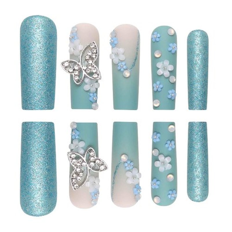 DANMANR Gradient Press on Nails Matte Fake Acrylic Long Blue Nails Square French Full Cover Butterfly Fake Nails for Women and Girls 24PCS