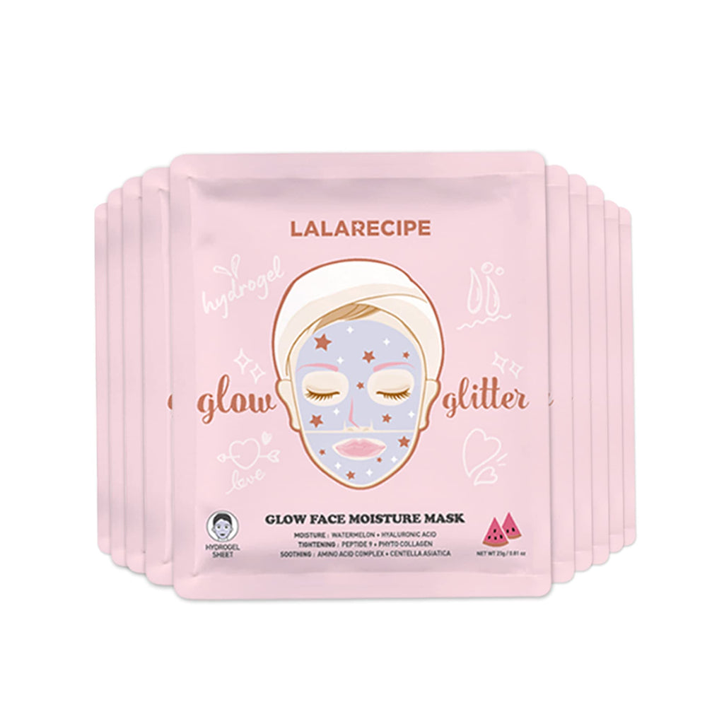 LALARECIPE Glow Face Moisture Mask – Hydrating & Cooling Hydrogel Facial with 8-Hyaluronic Acid, Watermelon & Peptides – Vegan Korean Skincare for Radiant Skin (Pack of 10)