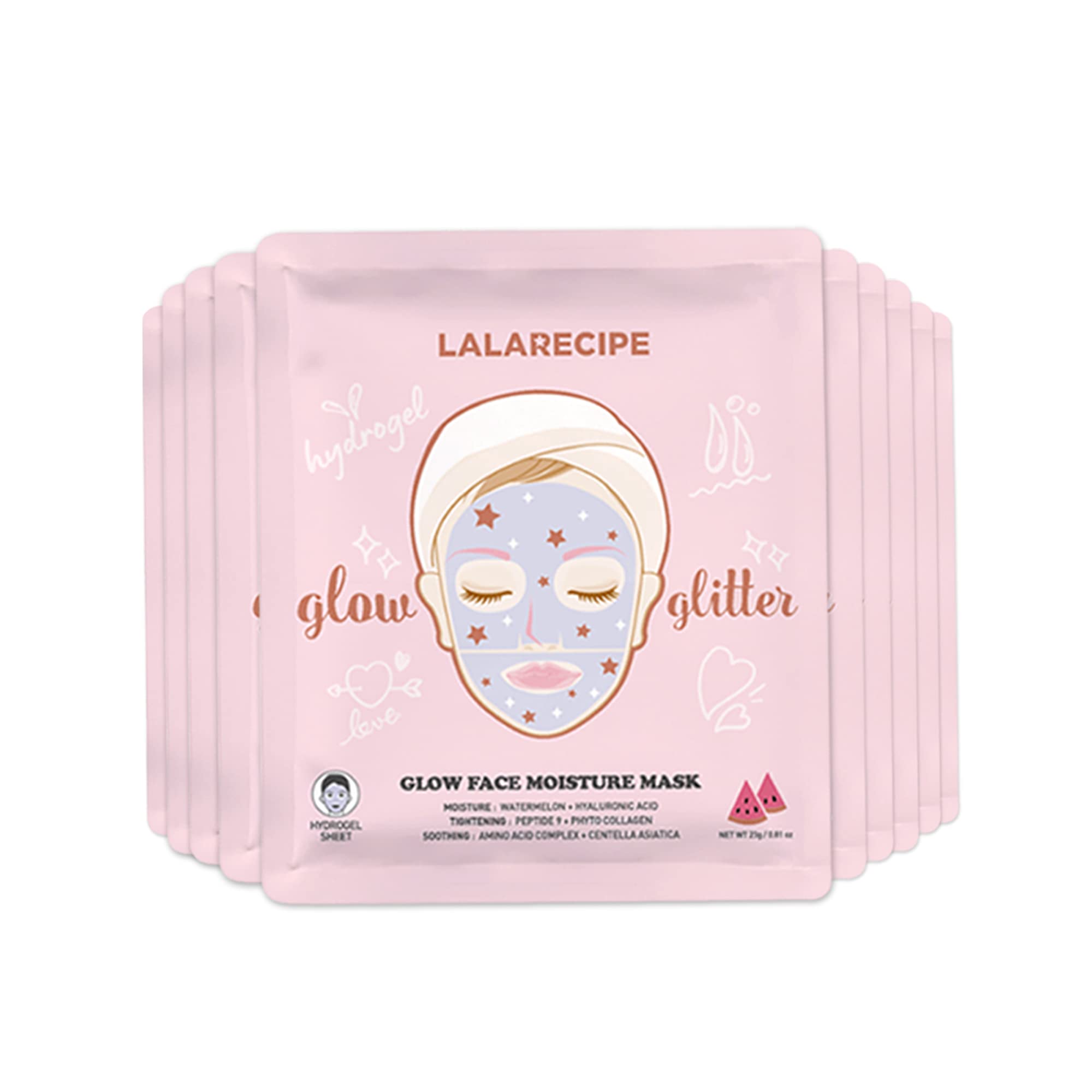 LALARECIPE Glow Face Moisture Mask – Hydrating & Cooling Hydrogel Facial with 8-Hyaluronic Acid, Watermelon & Peptides – Vegan Korean Skincare for Radiant Skin (Pack of 10)