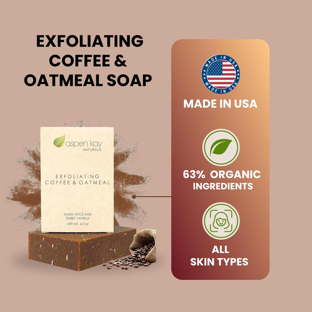 Aspen Kay Naturals Coffee & Oatmeal Exfoliating Soap, Natural and Organic Coffee Scrub. With Organic Shea Butter & Pure Essential Oils. A Wonderful Oatmeal Soap, For Men & Women. (3 pack)