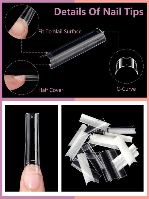 480PCS Extra Long C Curve Nail Tips and Glue, 2 Packs Natural and Clear Acrylic for Nails Professional Set, 12 Sizes Artificial Straight Square French False Nail Tips