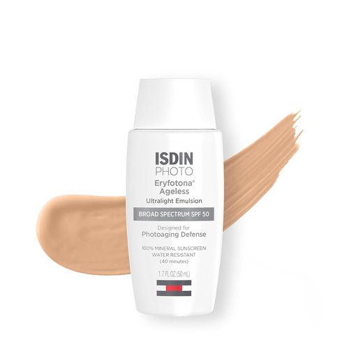 ISDIN Eryfotona Ageless Tinted Mineral Sunscreen SPF 50 - Anti-Aging Protection with Zinc Oxide & Vitamin E, Universal Tint