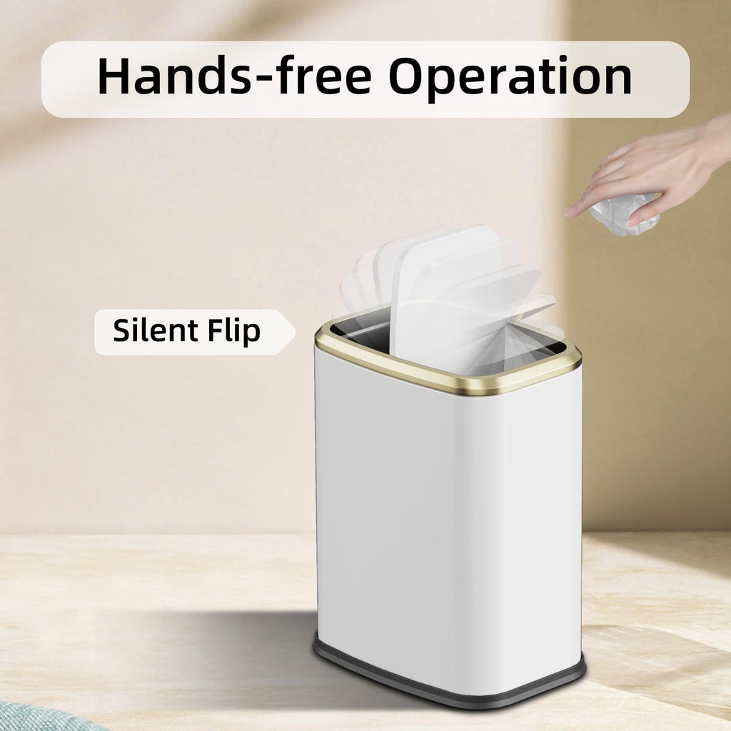 KHMMGK 8L/2.1 Gallon Small Bathroom Trash Can with Lid, Swing-Top Rectangular Waste Bin, Stainless Steel Garbage Can for Home, Office, Toilet, Bedroom, Living-Room (White)