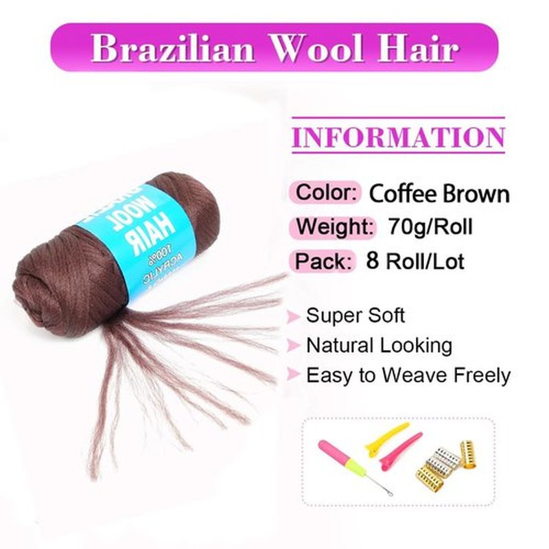 Brazilian Wool Hair Yarn for Braids 100% Brazilian Wool Hair Acrylic Yarn for African Braids/Spring Twist/Faux Locs/Wraps with Crochet Hook(8 Roll, Coffee Brown)