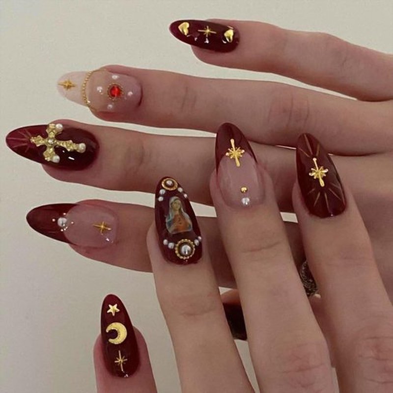 Almond French Tip Gold Glue Press On False Nails with Charms Cross 3D Gems Rhinestones Moon Design Red Acrylic Nails for Women Girls