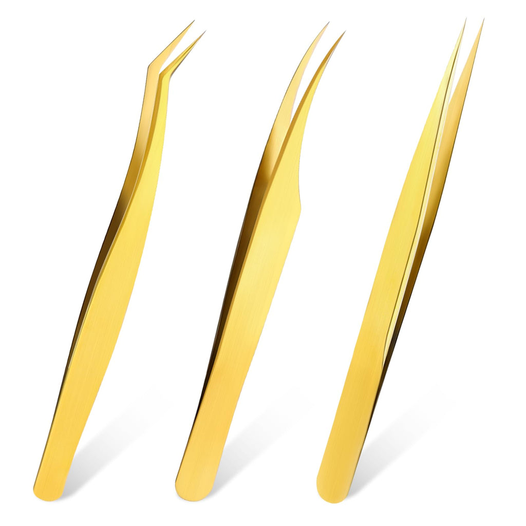 3 PCS Lash Tweezers for Eyelash Extensions, High Precision Gold Metal Tweezers Set Fiber Tip and Curved Isolation Tweezers Eyelash Extension Tools for Women Volume Lash, Crafting, Jewelry Making