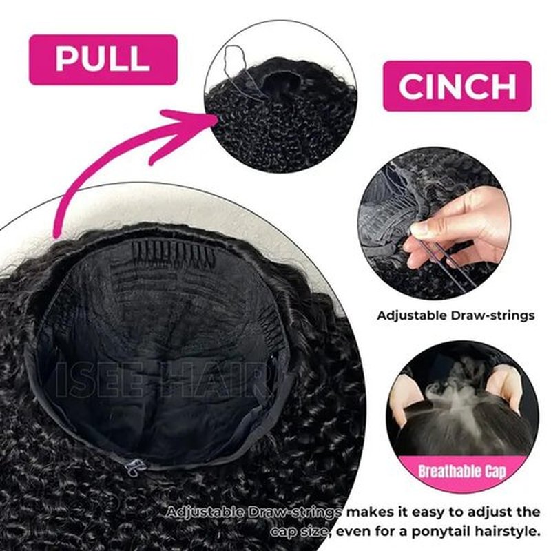 ISEE Half Wig Afro Curly 3 In 1 Glueless Wigs Human Hair Seamless Kinky Curly Flip Over Beginner Friendly Wear & Go Drawstring Band Clip in Wig Human Hair Black Color 14 Inch