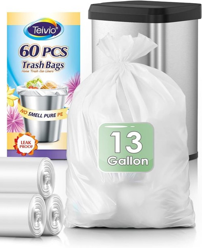 Teivio 13 Gallon Tall Kitchen Trash Bags - 60 Count Clear Garbage Bin Liners for Home & Office