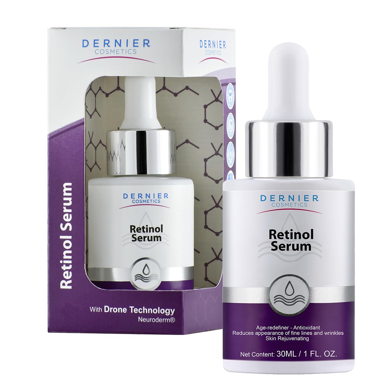 Dernier Beauty Skin Care – Retinol 1% & Hyaluronic Acid 0.5% Anti-Aging Serum for Face, Wrinkle Reduction, Skin Texture Support for Acne Prone Skin, (1 fl oz)