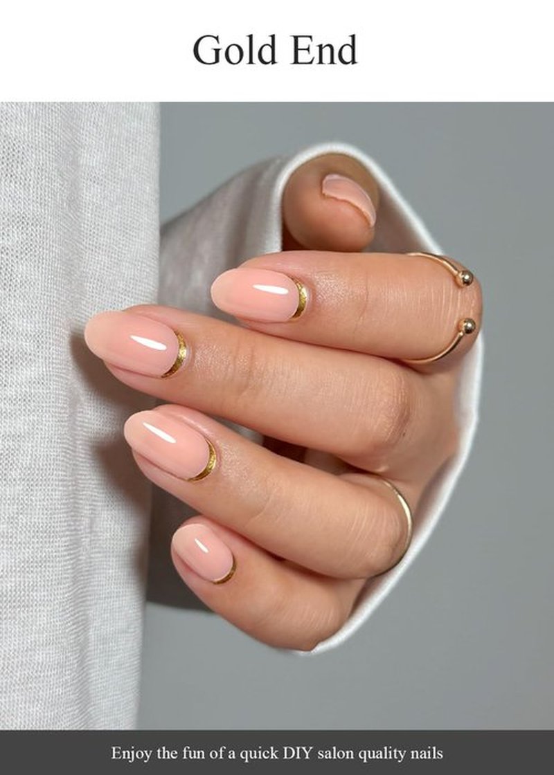 AutyaMee Semi Cured Gel Nail Strips (Gold End), Gold Foil Line Design, Nude, 20 Pcs Gel Nail Wraps, Stickers, UV Light Required, Salon Quality, Long Lasting