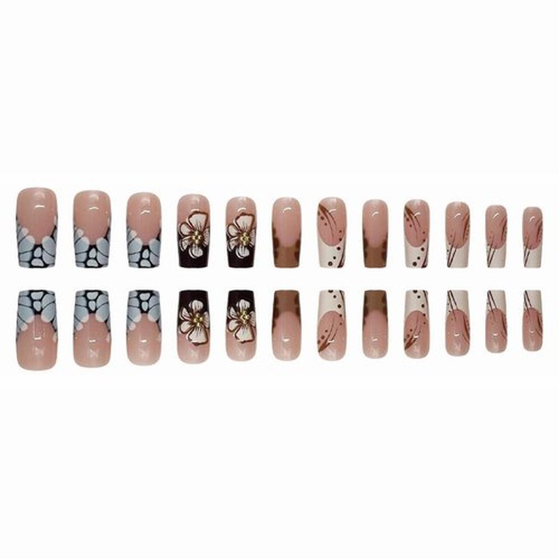 MISUD Press on Nails - Long Square Fake Nails with Fall Brown, Acrylic Autumn Flower Design 24 pcs