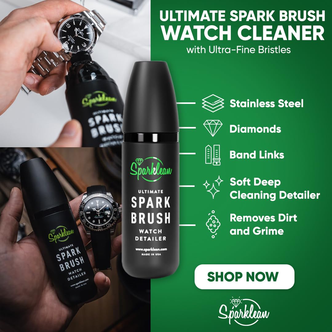 Sparklean SparkBrush Watch Cleaning Brush + Diamond Ring Cleaning Kit · Pre-Filled Solution · 200+ Cleans · Ammonia-Free pH-Balanced · Steel Gold Ceramic Titanium Rubber · Made in USA Since 2003